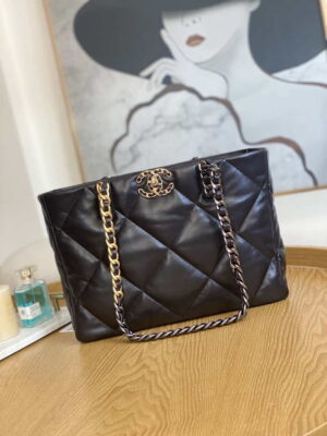 chanel 19 shopping bag shiny lambskin as3660 gold tone silver tone ruthenium finish metal dark brown 001 luxibags.ru .jpg