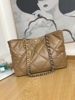 chanel 19 shopping bag shiny lambskin as3660 gold tone silver tone ruthenium finish metal tan 001 luxibags.ru .jpg