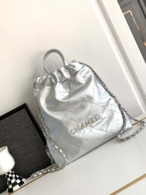 chanel 22 backpack as3859 shiny silver calfskin with sliver logo 001 luxibags.ru .jpg