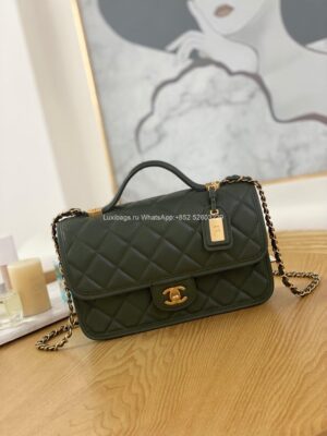 chanel as3653 small flap bag with top handle calfskin gold tone metal dark green 001 luxibags.ru .jpg